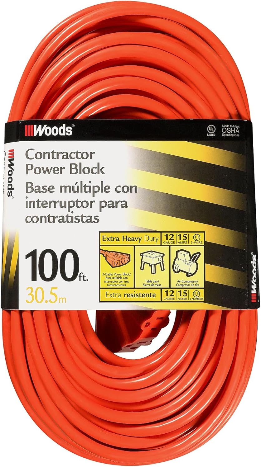 Woods 0820 12/3 Outdoor Multi-Outlet Extension Cord, 100-Foot, Orange