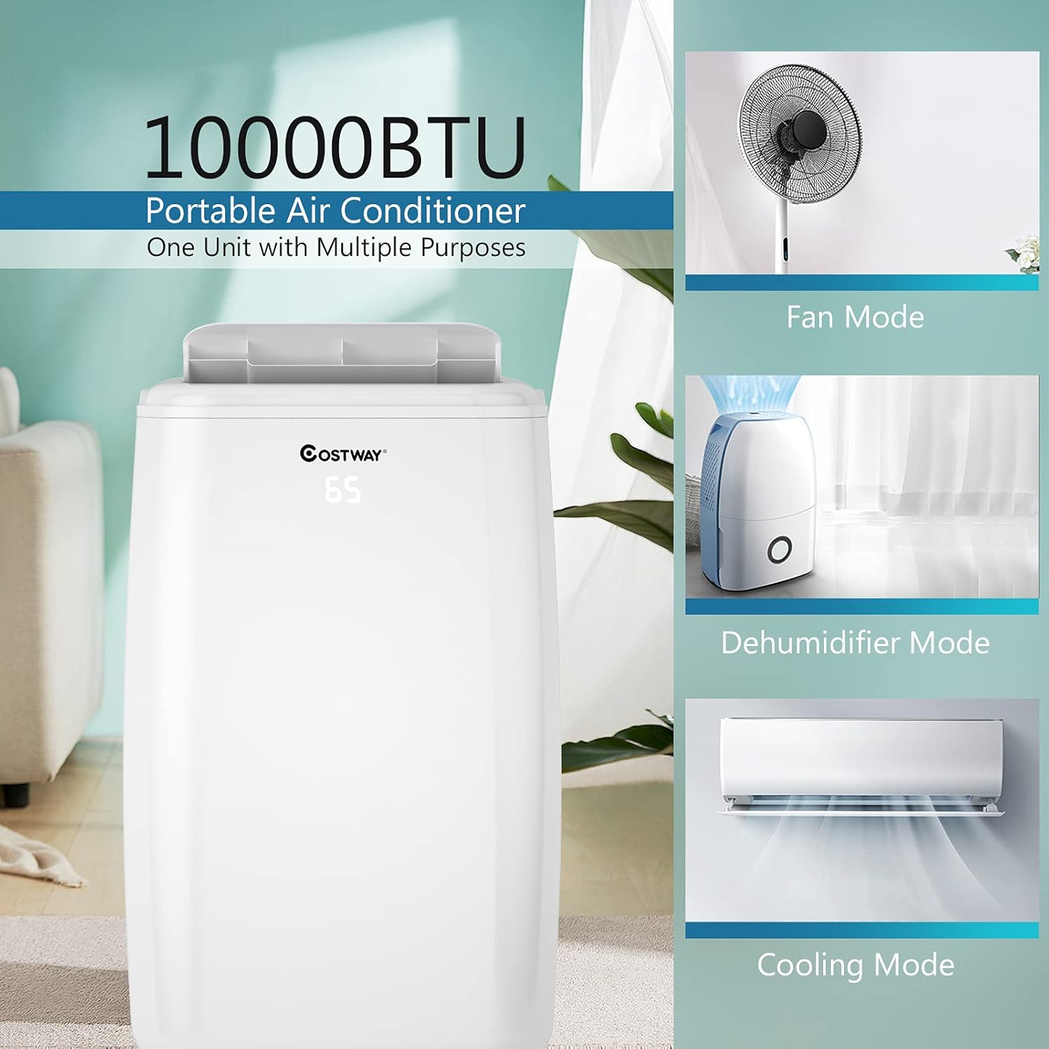 COSTWAY 1,0000 BTU Portable Air Conditioner, Cooling for Space up to 350 sq. ft with 3 Modes, Multifunctional Air Cooler with Remote Control and Washable Filter, 3 Fan Speeds & Sleep Mode