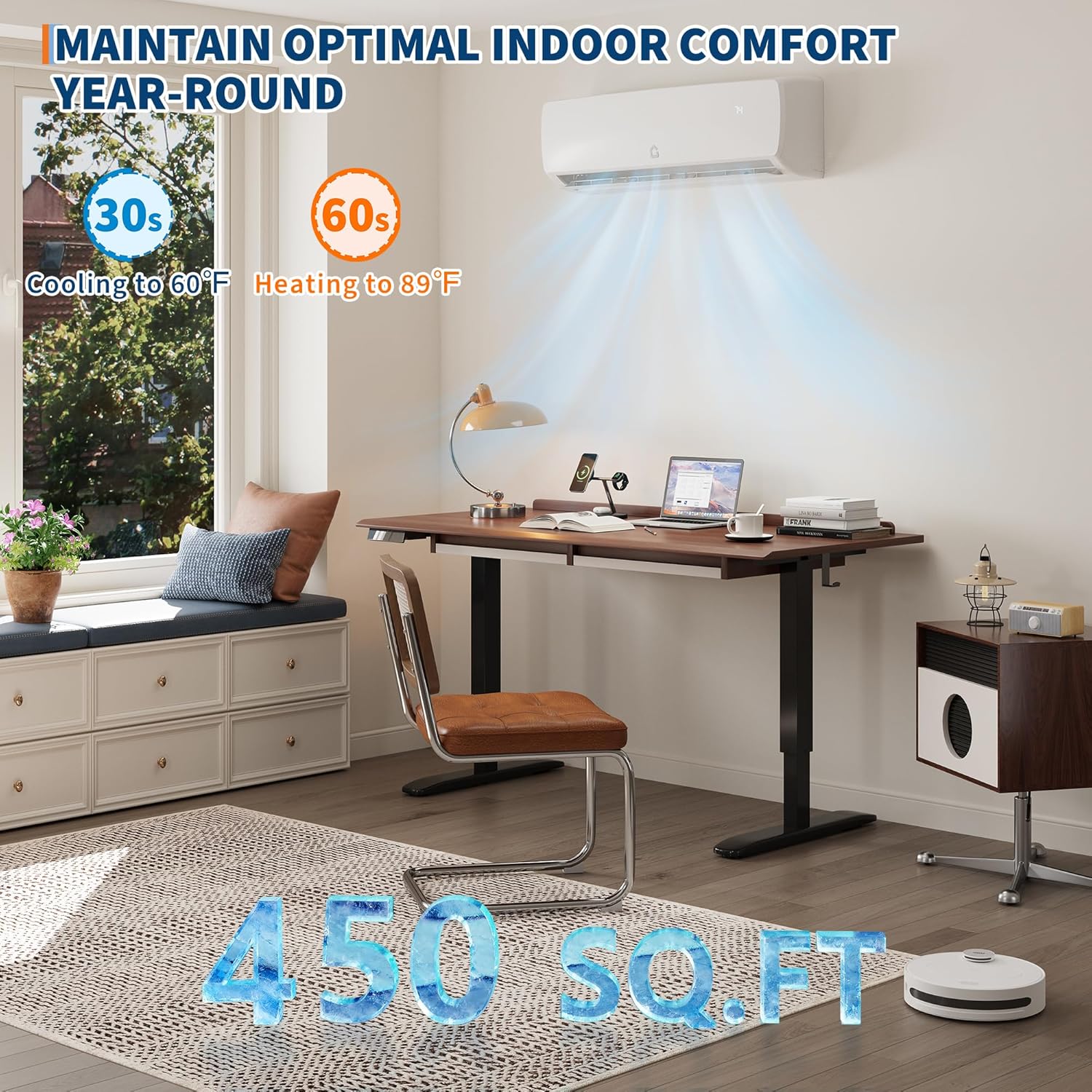 19 SEER2 9000 BTU Ductless Mini Split AC Heat Pump for 450 Sq.Ft, 230V Ultra-Quiet Inverter Air Conditioner System, 3-in-1 Cooling Heating Dehumidifying with 10ft Pre-Charged Line Set