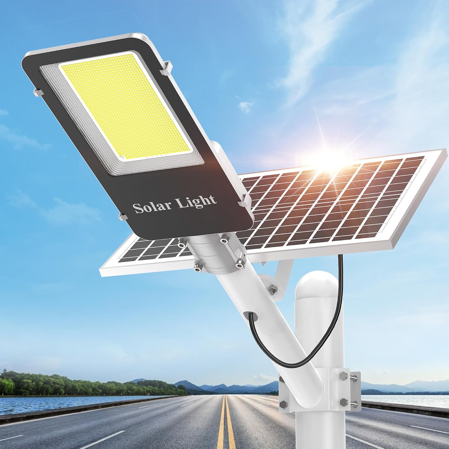 Kifflux Solar Street Lights Outdoor - 8000W Solar Lights Outdoor Waterproof, LED Street Light Dusk to Dawn, 7000K Flood Light Powered Heavy Duty Security for Outside, Yard, Parking Lot