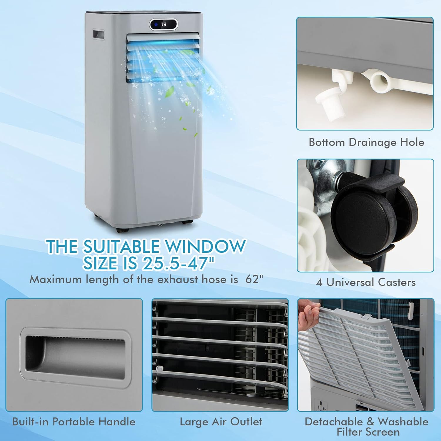 PETSITE Portable Air Conditioner, 3-in-1 AC Cooling Unit Dehumidifying, Fan & Air Cooler Function, Remote Control, Window Kit Included (10000BTU, Grey)