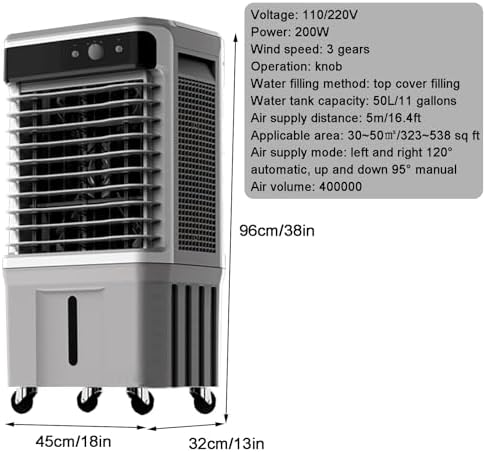Portable Evaporative Air Cooler, Swamp Cooler with Knob, Portable Air Conditioner with 11 Gal Water Tank, 4 Ice Packs for Outdoor Indoor