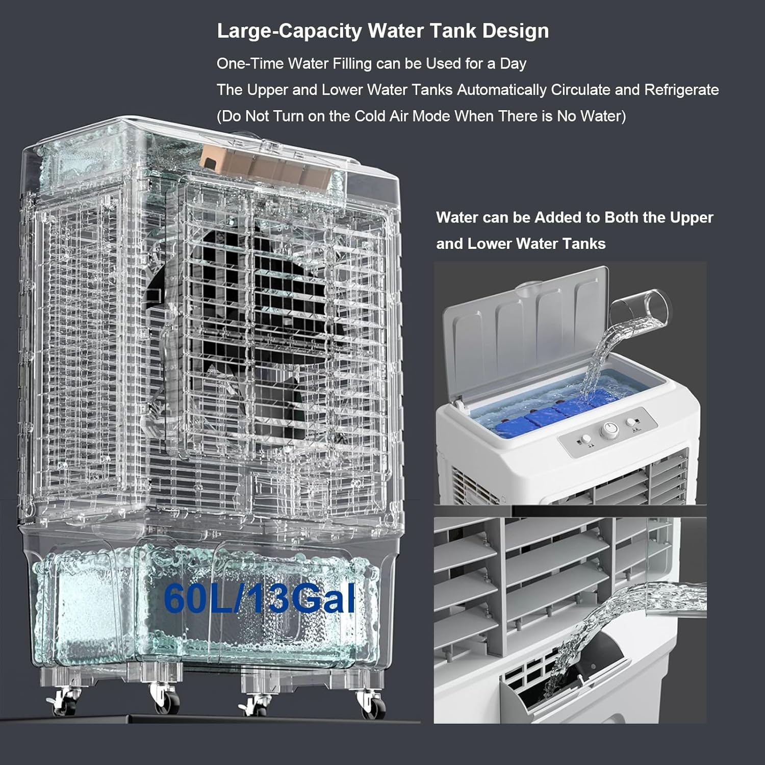 Swamp Cooler Air Conditioner, 3-In-1 Portable Evaporative Air Cooler with 13Gal Water Tank, 3 Speeds, 120°Oscillation, 6 Ice Packs, Windowless Ac for Home and Commercial, 42in