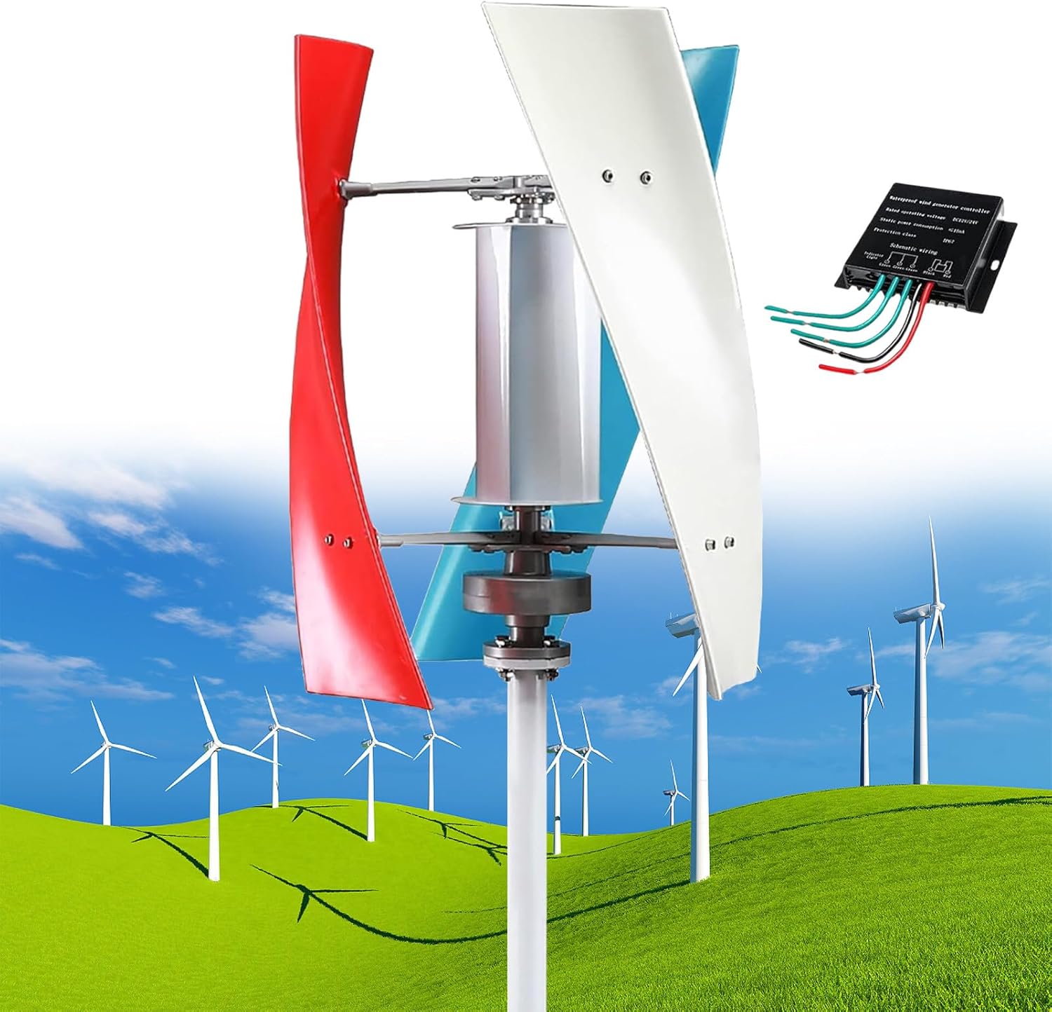 12000W Vertical Wind Turbine Generator Kit, 3-Phase AC Magnetic Levitation, Low Wind Speed 12V/24V/48V, 3 Blades with Controller for Home, Boat, RV - Colorful Design