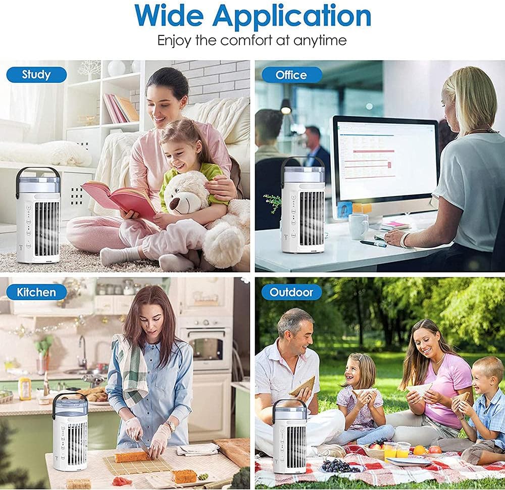 Portable Air Conditioner Fan, Mini Evaporative Air Cooler Super Quiet Desk Air Cooling Fan with Handle, 7 Colors LED Light Humidifier-White