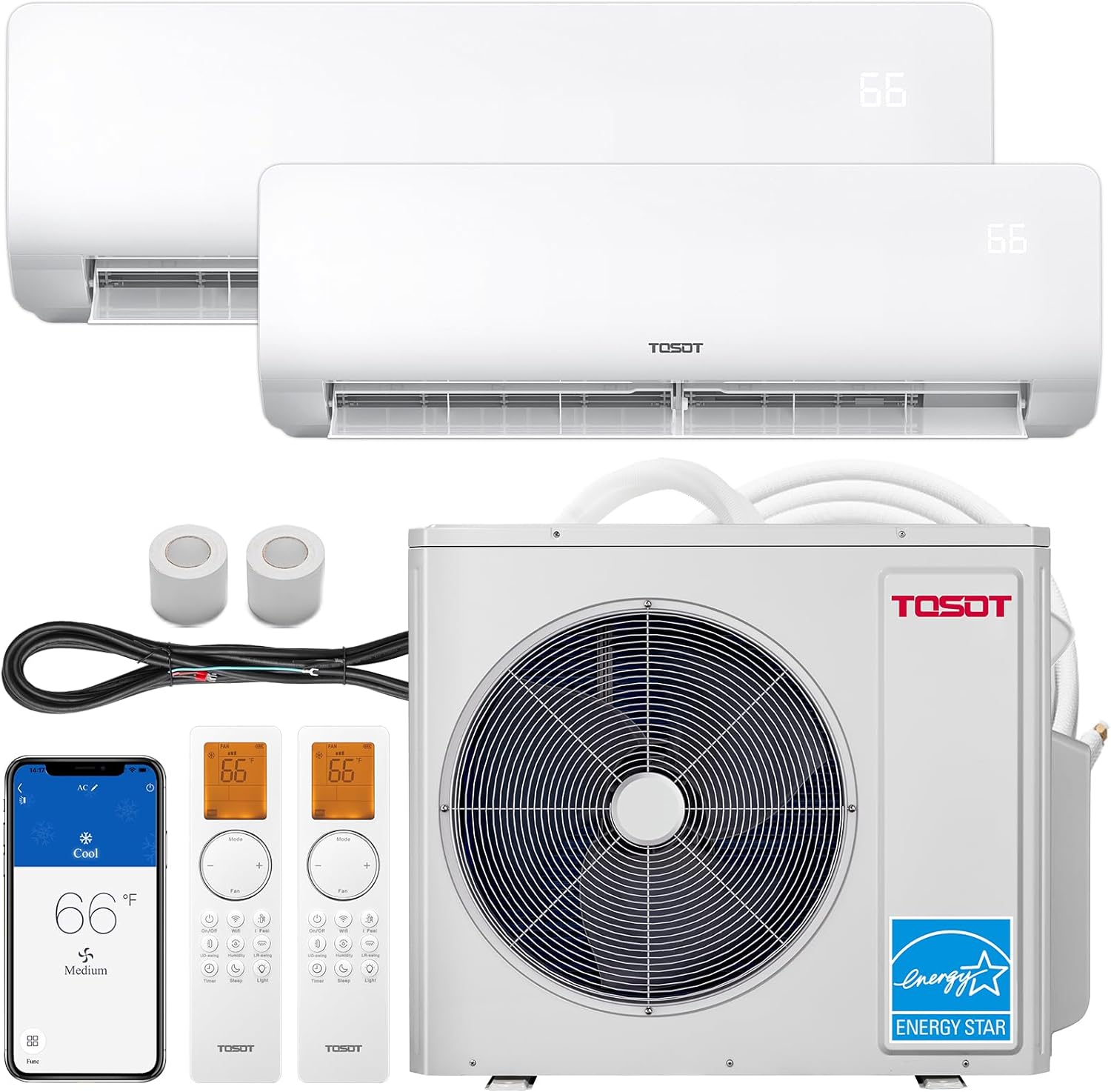 TOSOT 30,000 BTU Dual 2 Zone Mini Split Air Conditioner with Heat Pump, 21 SEER2, 230V, Wifi-Enabled Ductless Inverter Split System with 16.4 ft Copper Line Set, 12,000 +18,000 BTU, Cosmo Series