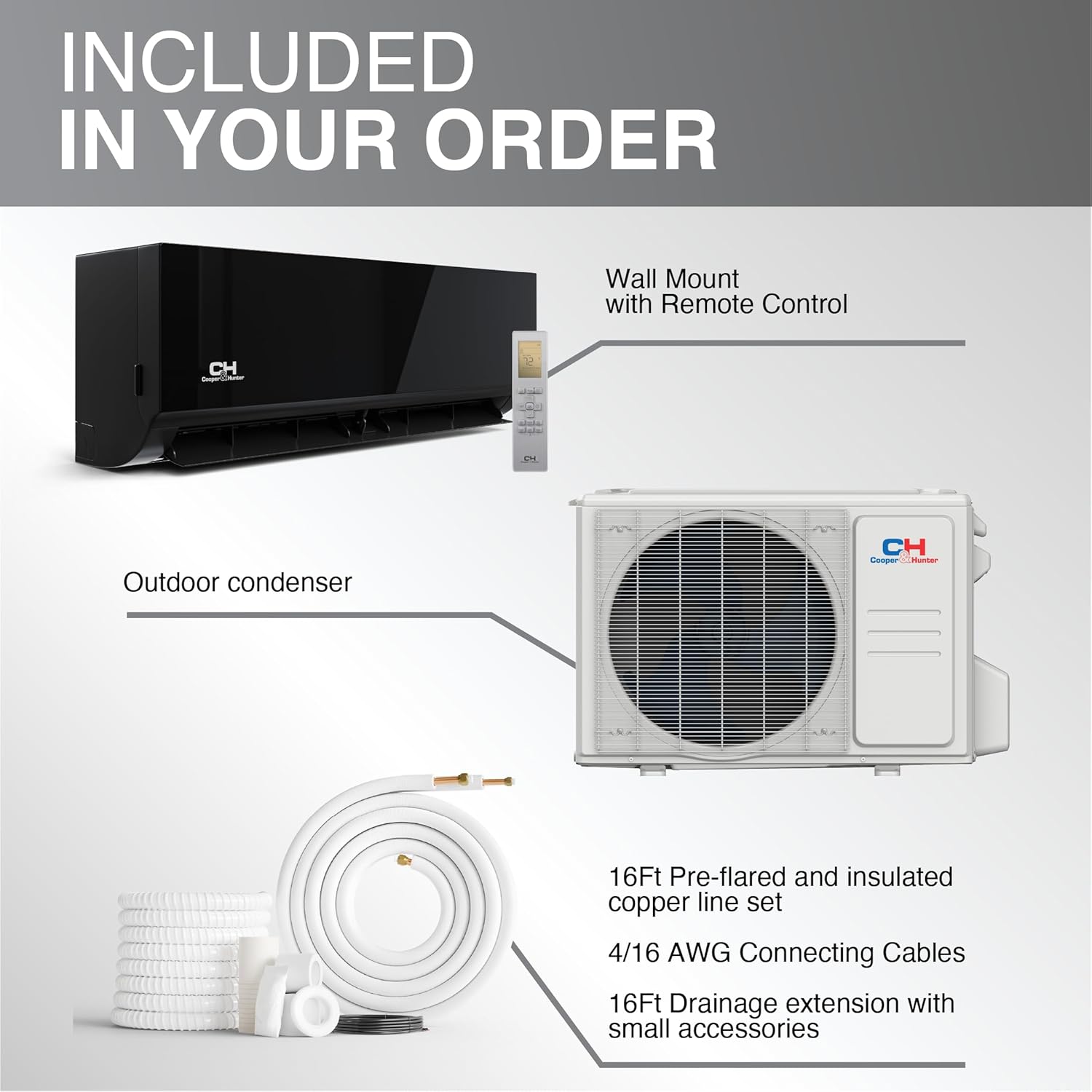 Cooper & Hunter 12,000 BTU 115V Black Single Zone Wall Mount Ductless Mini Split Air Conditioner & Heat Pump – 23.2 SEER Inverter – Smart Kit & 16FT Installation Kit – Pre-Charged