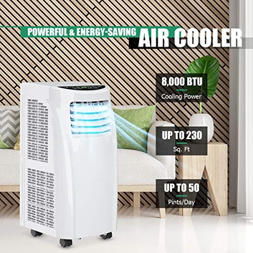 HOMGX 3-in-1 Portable Air Conditioner, 8,000 BTU Powerful Air Cooler w/Fan, Dehumidifier & Sleep Mode, 2 Wind Speeds, 24H Timer, Remote Control & LED Display, Cool Rooms up to 230+ sq. Ft