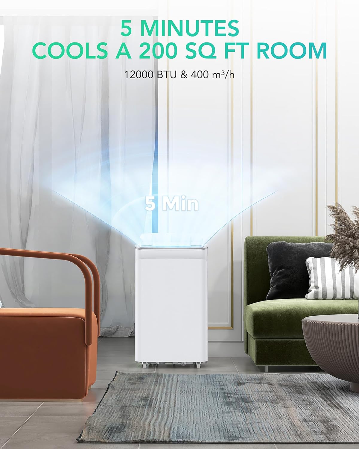 DEXSO Portable Air Conditioner 12,000BTUs, A/C for Rooms up to 550 Sq. Ft, Built-in Dehumidifier, Fan, and Sleep Mode, Includes Remote Control, Reusable Filter, and Window Kits