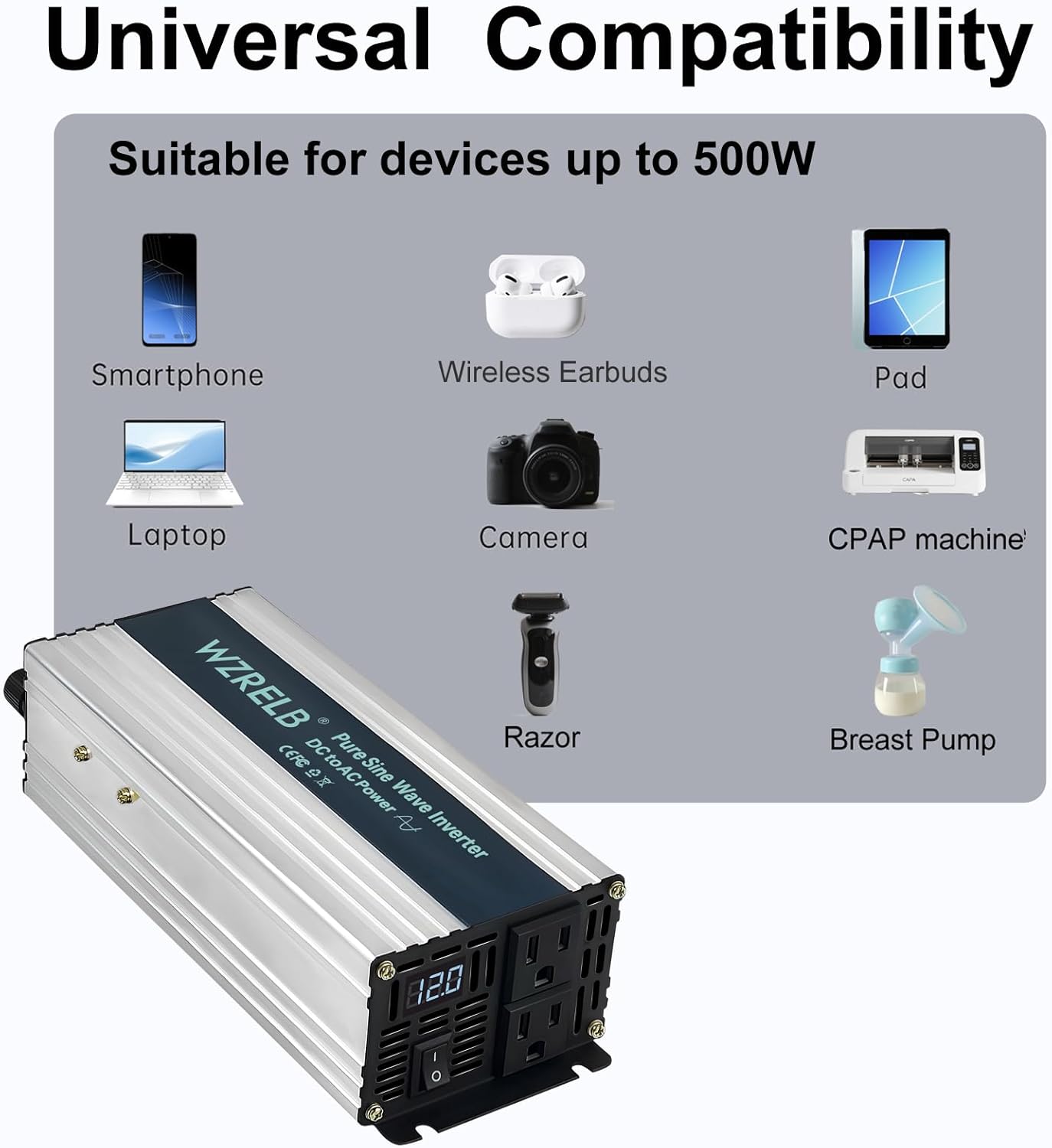 WZRELB 500W Pure Sine Wave Inverter 12V DC to 110V 120V AC Power Converter with LED Display, Off-Grid Portable Power Inverter with 2 AC Outlets for Home, RV, Truck, Camping