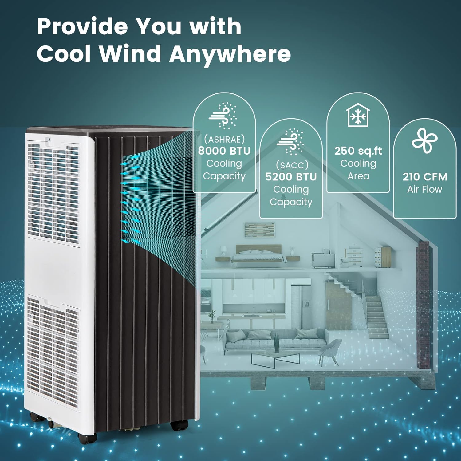 COSTWAY 8000 BTU Portable Air Conditioner, 3-in-1 AC Unit with Dehumidifier & Smart Sleep Mode, 24H Timer & Remote Control, Cools Rooms up to 250 Sq.Ft, Window Kit Included