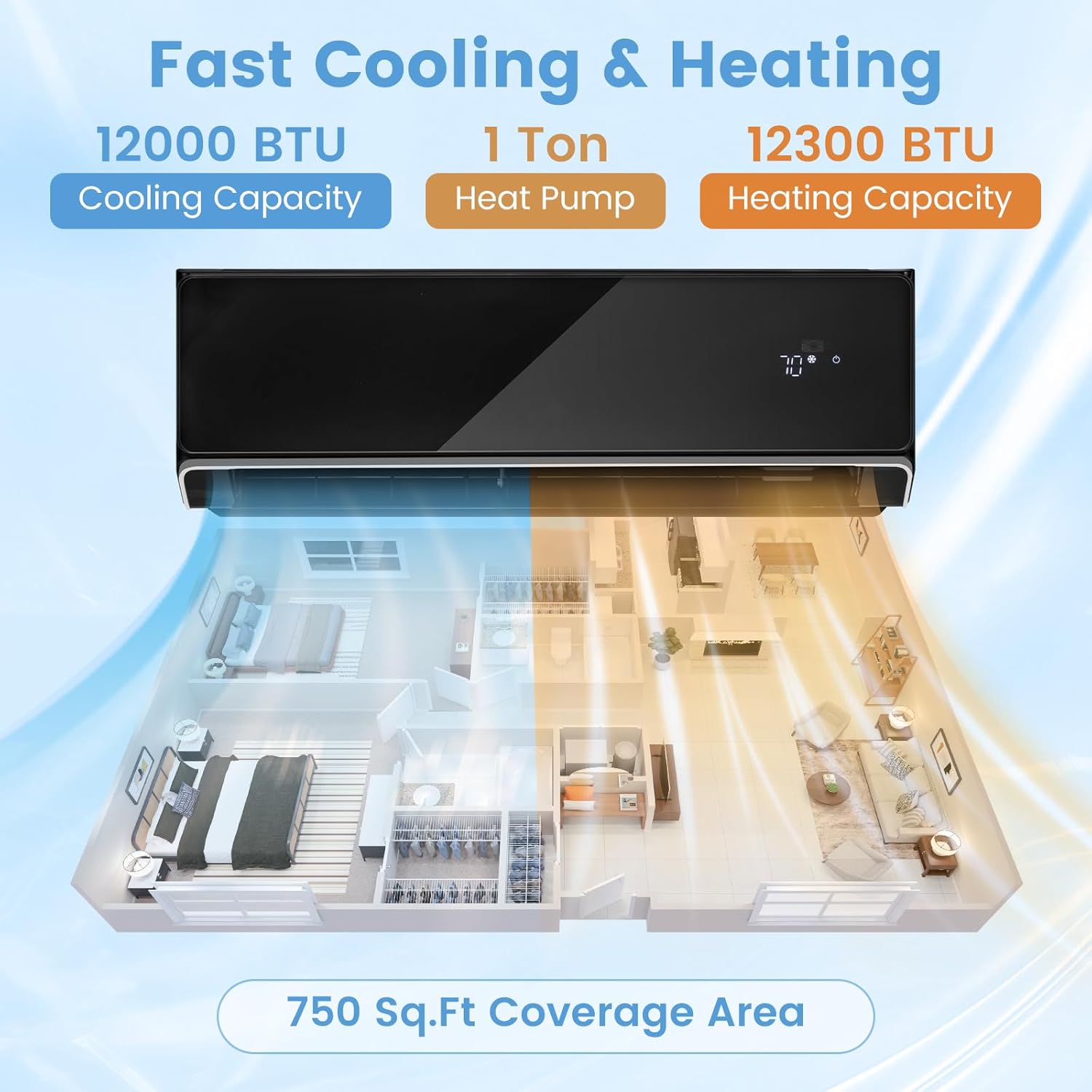 KOTEK 12000 BTU Mini Split AC/Heating System, 22 SEER2 Split Air Conditioner w/Heat Pump, Inverter Compressor & Installation Kit, WIFI Enabled, Cools Up to 750 Sq.Ft, Compatible with Alexa, 208-230V