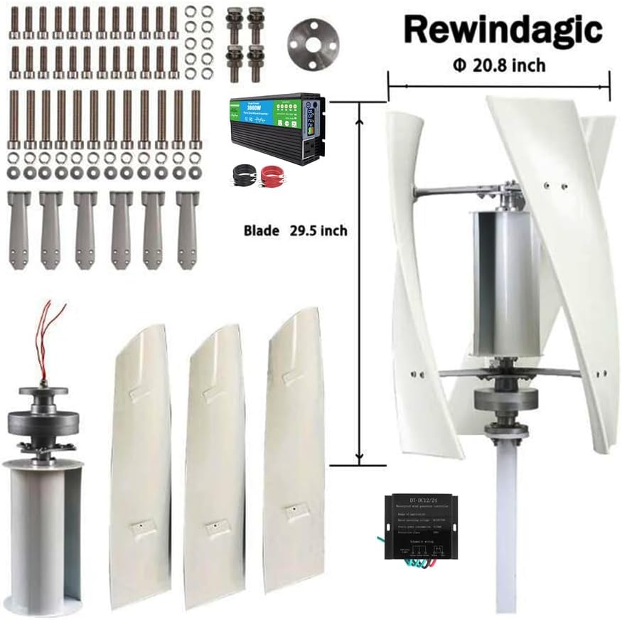 48v,HYZHANHONG Generator 3 Blades Motor Kit Windmill Energy Charge Turbines for Home Camping,12000W 12V 24V Vertical Axis Wind Turbines(With 3000W Inverter)
