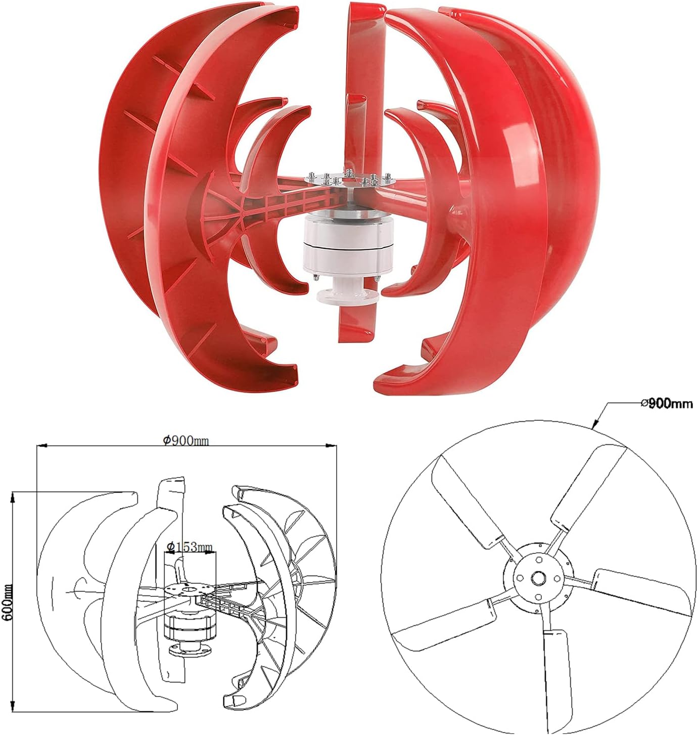 12V 24V 48V White 5 Blades Vertical Wind Turbine Generator+3000W Permanent Magnet Lantern Vertical Wind Turbine Kit with Controller for Home(Red)