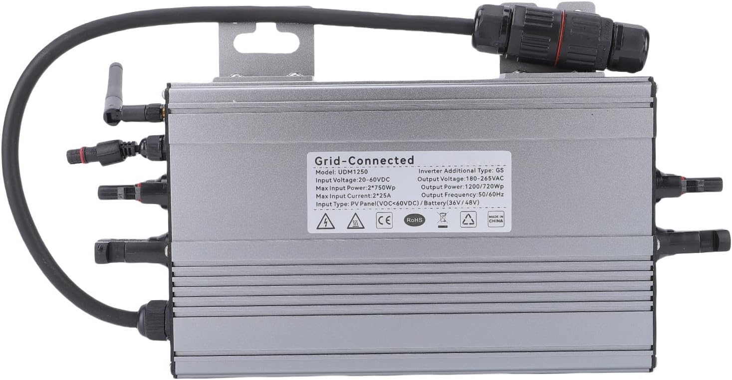 Solar Grid Tie Inverter, Home Energy Monitor, Pure Sine Wave Power Inverter, 1200Wp 50Hz-60Hz, Wireless WiFi Connectivity, Black