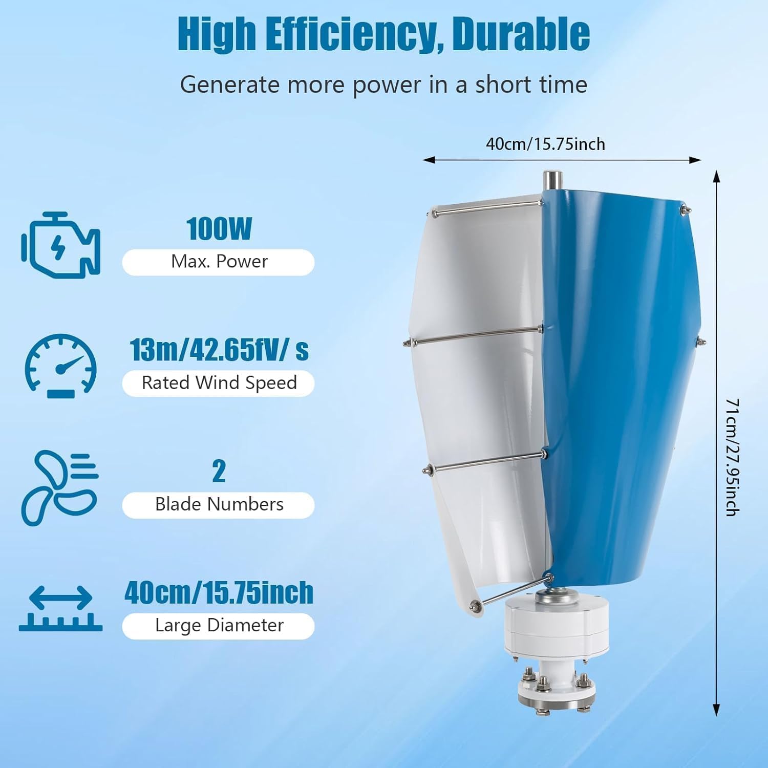 Vertical Wind Turbine, 100W 12V Wind Turbine Generator Kit w/Controller,Wind Power Generator,Automatically adjust,13m/s Rated Wind Speed for Home,Gazebos,Boats