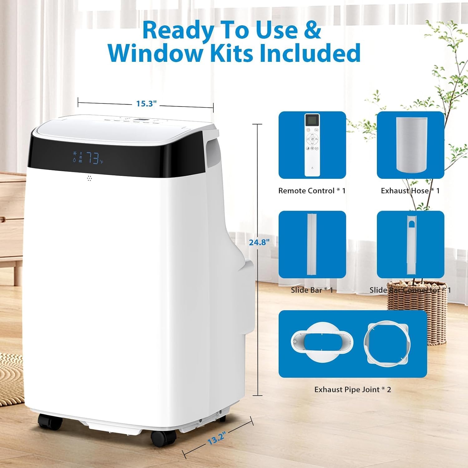 10000 BTUs Portable Air Conditioner, Cools up to 450 Sq. Ft. 3-in-1 Cooling, Dehumidification, Fan Mode, with Remote Control and Window Mounting Kit, LED Display, 24-Hour Timer, for Living Rooms