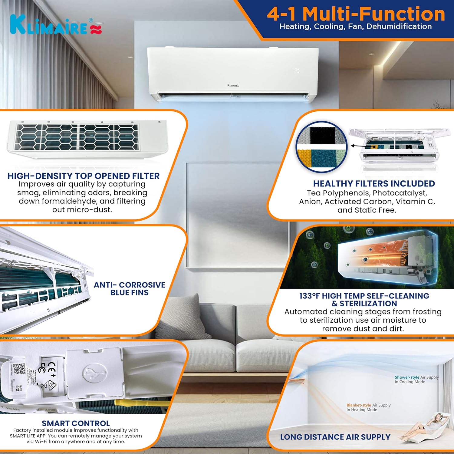 Klimaire 9,000 BTU 23 SEER2 Wall Mounted Ductless Mini Split Inverter A/C Heat Pump System w/ 16’ Installation Kit & Wall Mounting Bracket 115V