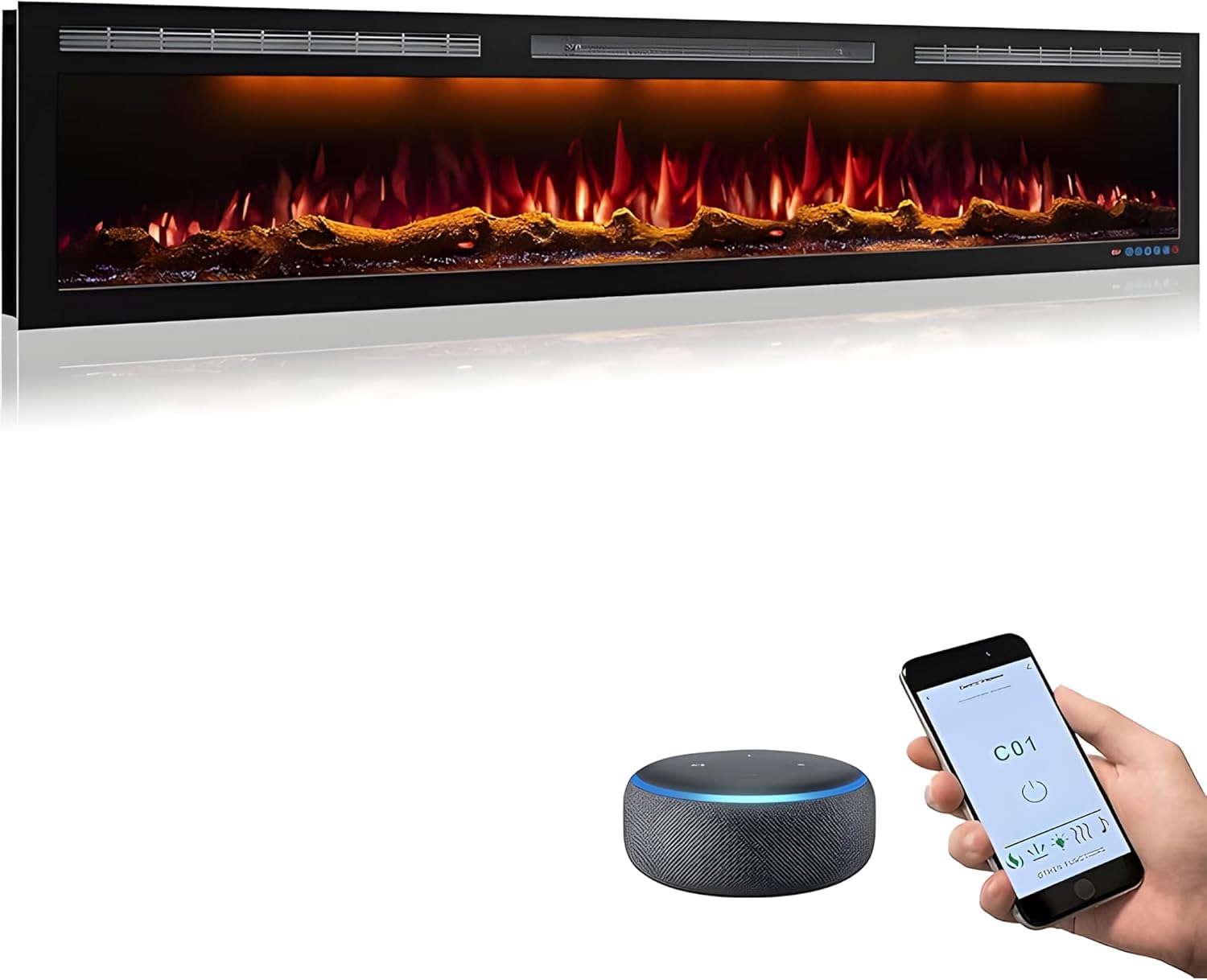 72 Inch WiFi-Enabled Electric Fireplace Inserts & Wall Mounted, Slim Electric Fireplace Heater, 750/1500w, Adjustable Flame Color, Remote Control & Touch Screen, Logs & Crystals, Black