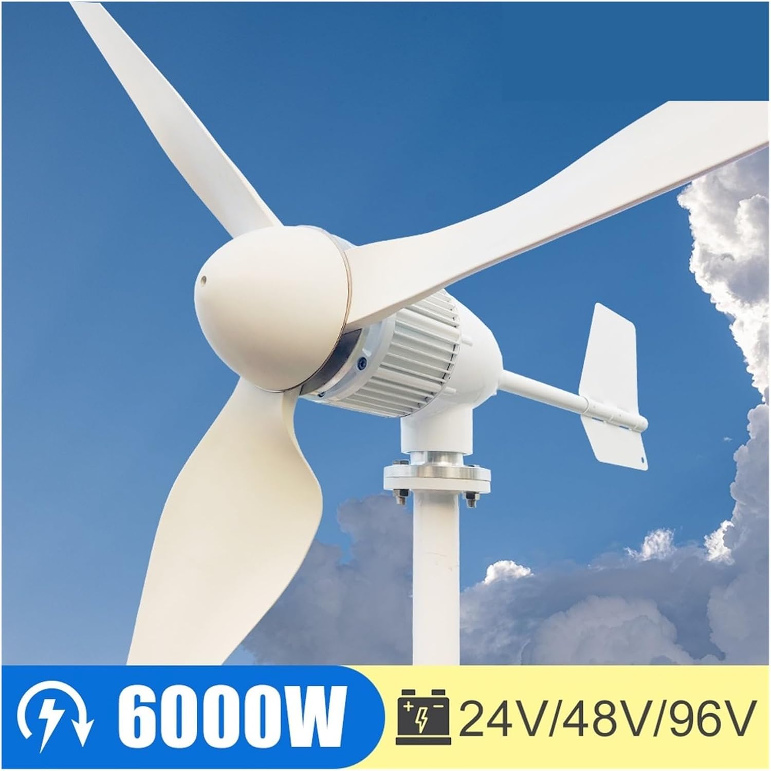 High Power 6KW Horizontal Axis Wind Turbine Generator Magnetic Generator 24V 48V 96V Home Appliance Farm Industrial Energy(with Hybrid Charger,24V)