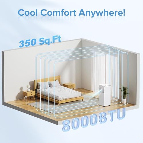 8,000 BTU Portable Air Conditioner Cools up to 350 SQ. FT, 4 in 1 AC Unit with Powerful Cooling, Sleep Mode, 24H Timer, Air Cooler with Window Installation Kit, for Bedroom, Apartment(WHITE)