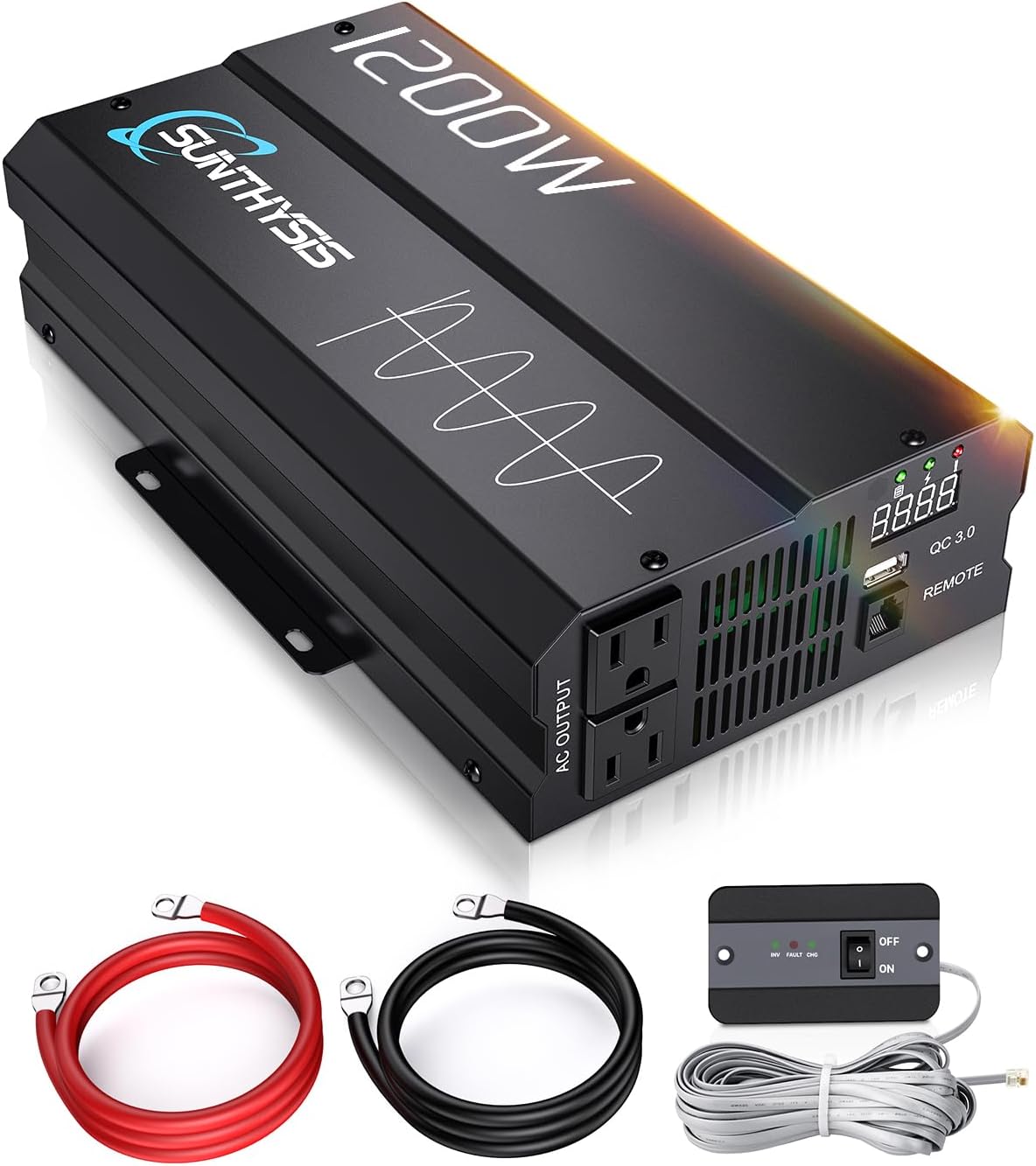 2400W Peak Pure Sine Wave Power Inverter 12V DC to 120V AC, Power Inverter 12V to 110V with QC3.0 USB, 3 AC Outlets, Off-Grid Solar Starlinks System Converter for Home, RV, Remote Controller