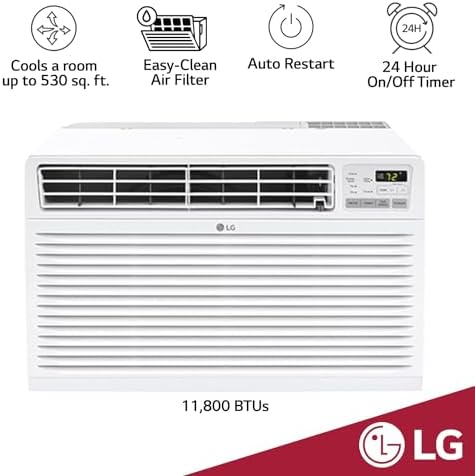 LG 11,800 BTU Through the Wall Air Conditioner, 115V, Cools up to 530 Sq. Ft. for Bedroom, Living Room, Apartment, with Remote, 3 Cool & Fan Speeds, Universal design fits most sleeves, White