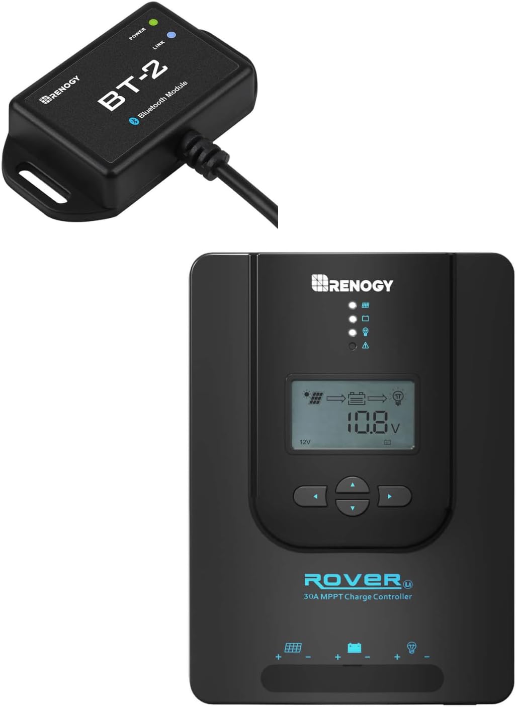 Rover 30A MPPT Solar Charge Controller & BT-2 Wireless Monitor - Auto-Adjust 12V/24V for Lithium/Gel/AGM Batteries + App Control, 6kV Surge Protection, Weatherproof