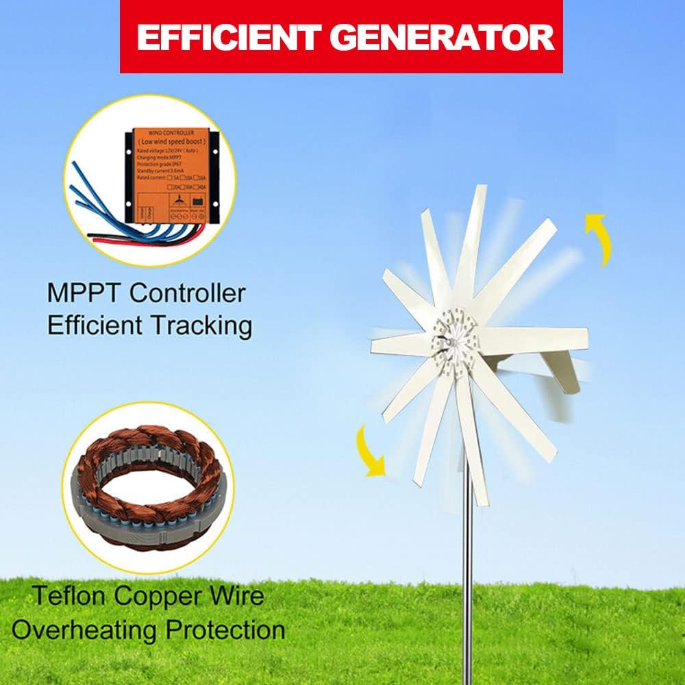 14000W Vertical Wind Turbine Generator, Helix Magnetic Levitation Axis Windmill 10 Blades with Controller & Ring Flange MPPT, White