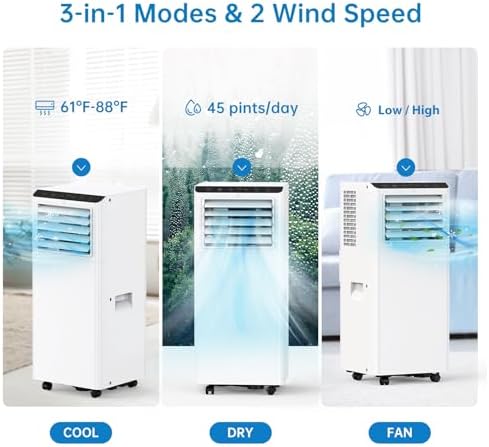 Portable Air Conditioner, 8000 BTUs Air Conditioners 3 in 1 AC Cooling Unit with Remote Control, Fast Cooling Up to 350 sq. ft., Multi-Functional A/C Modes, Window Kit, White