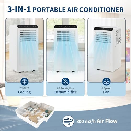 GarveeLife Portable Air Conditioner with Remote Control 10000 BTU Unit for Rooms Up to 450 Sq. Ft. 3 in-1 Quiet AC, Dehumidifier,Fan Includes Window Installation Kit, 24-Hour Timer,Sleep Mode,White