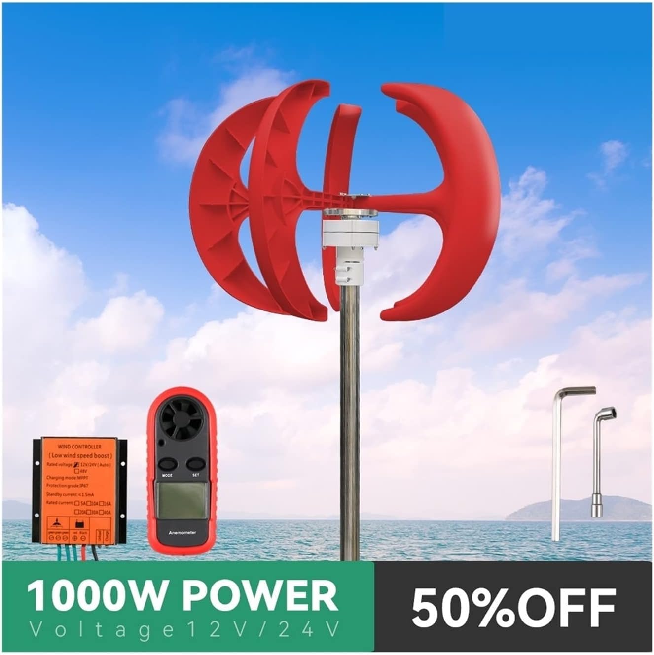 1000W Vertical Wind Turbine Generator with 5 Blades, 12V/24V MPPT Charge Controller, Low Noise, Ideal for Home Use, Efficient Wind Speed Start, Groen Model
