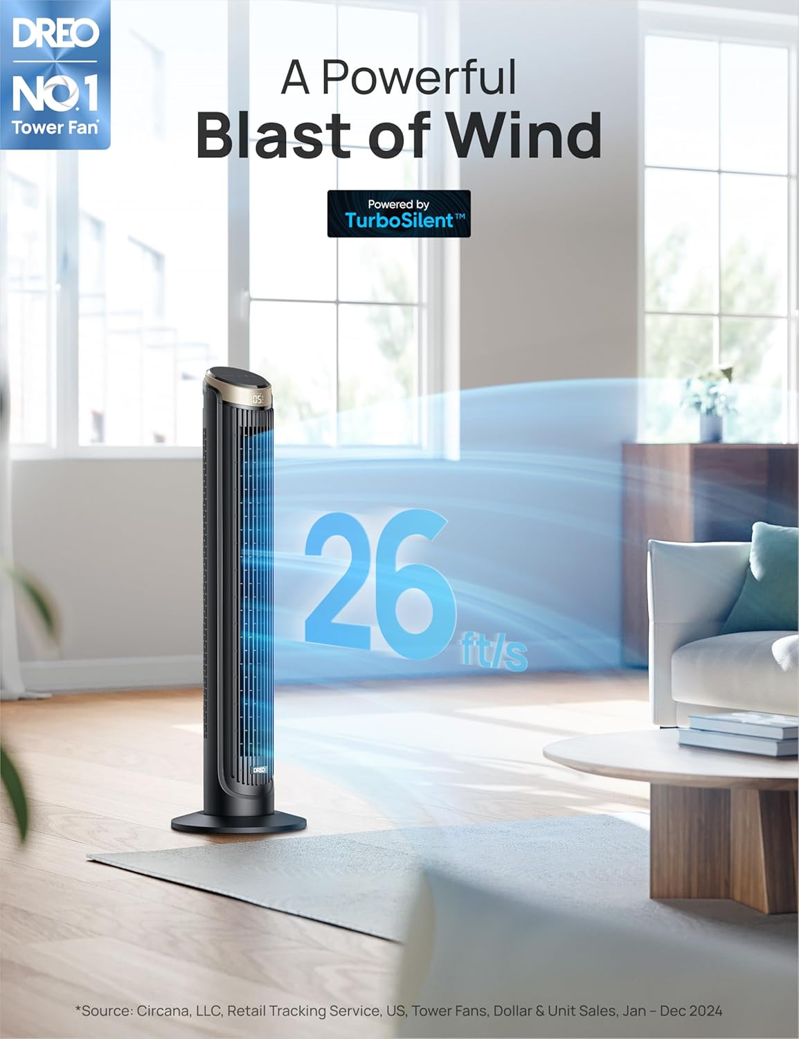 Dreo 40'' WiFi Tower Fan, 26ft/s High-Speed Cooling, Quiet Floor Fan with Remote, 90° Oscillating Fan, 4 Modes, 12H Timer, Touch Control, Standing Cooling Fan for Bedroom, Home, Office Room, Gold