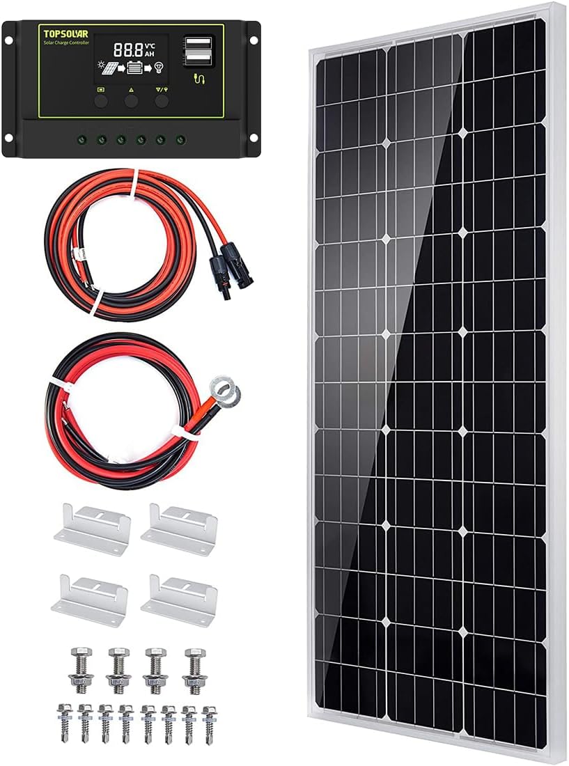 Topsolar Solar Panel Kit 100 Watt 12 Volt Monocrystalline Off Grid System for Homes RV Boat + 30A 12V/24V Solar Charge Controller +Solar Cables + Z-Bracket for Mounting