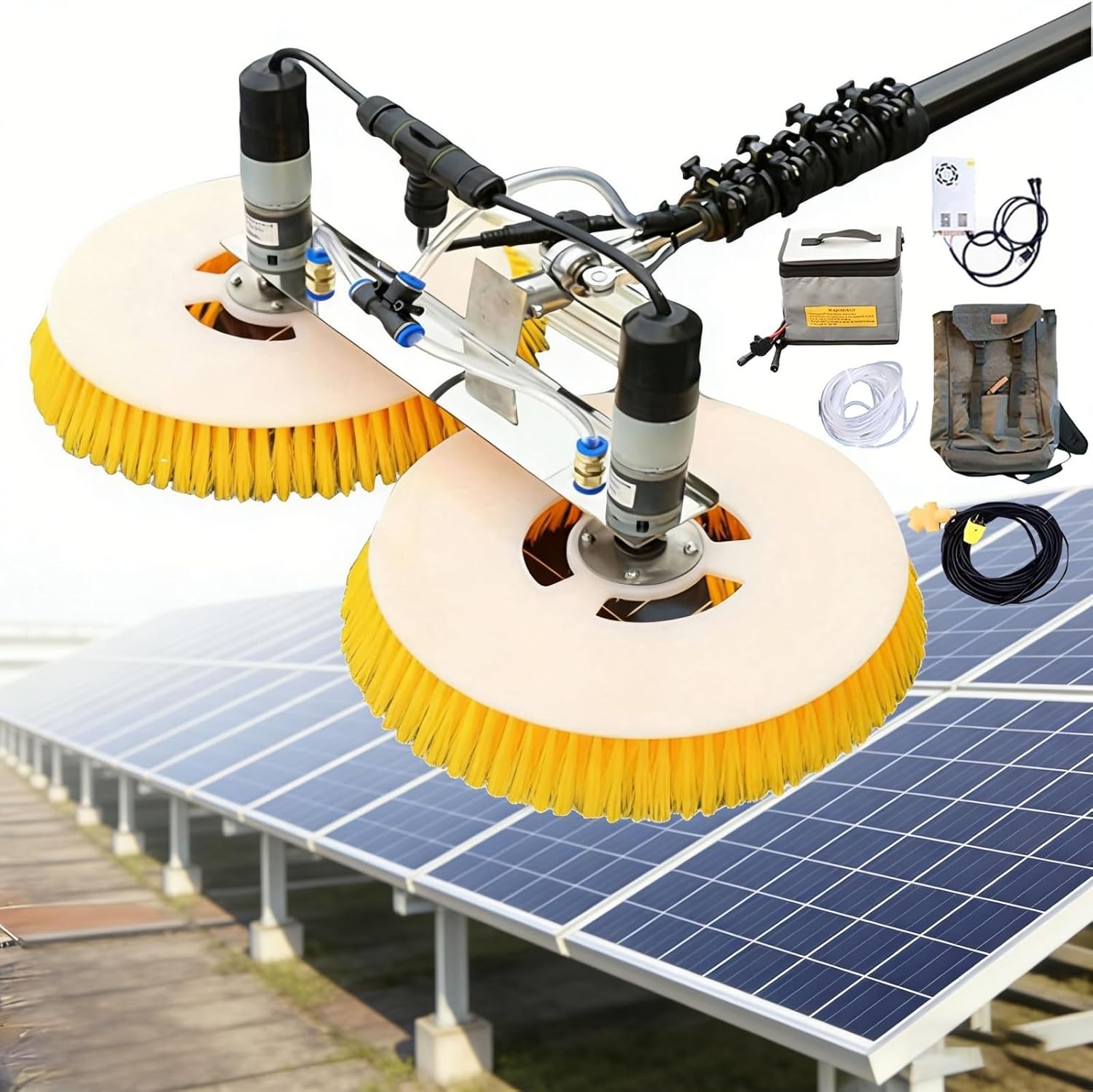 Solar Panel Cleaning Machine, Industrial Dual Head Automatic Rotating Brush, Comes with Complete Telescopic Pole Kit, Dual Power Option for Mains and Battery Operation(5m,Mains Electricity)