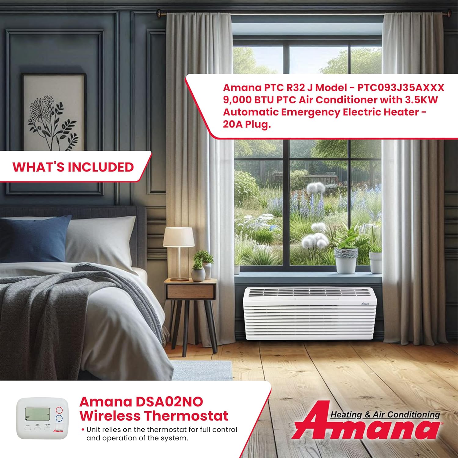 AMANA PTAC 9,000 BTU Air Conditioner Heat Pump PTH093K35AXXX with 3.5 kW Heater 20 Amp plug, White
