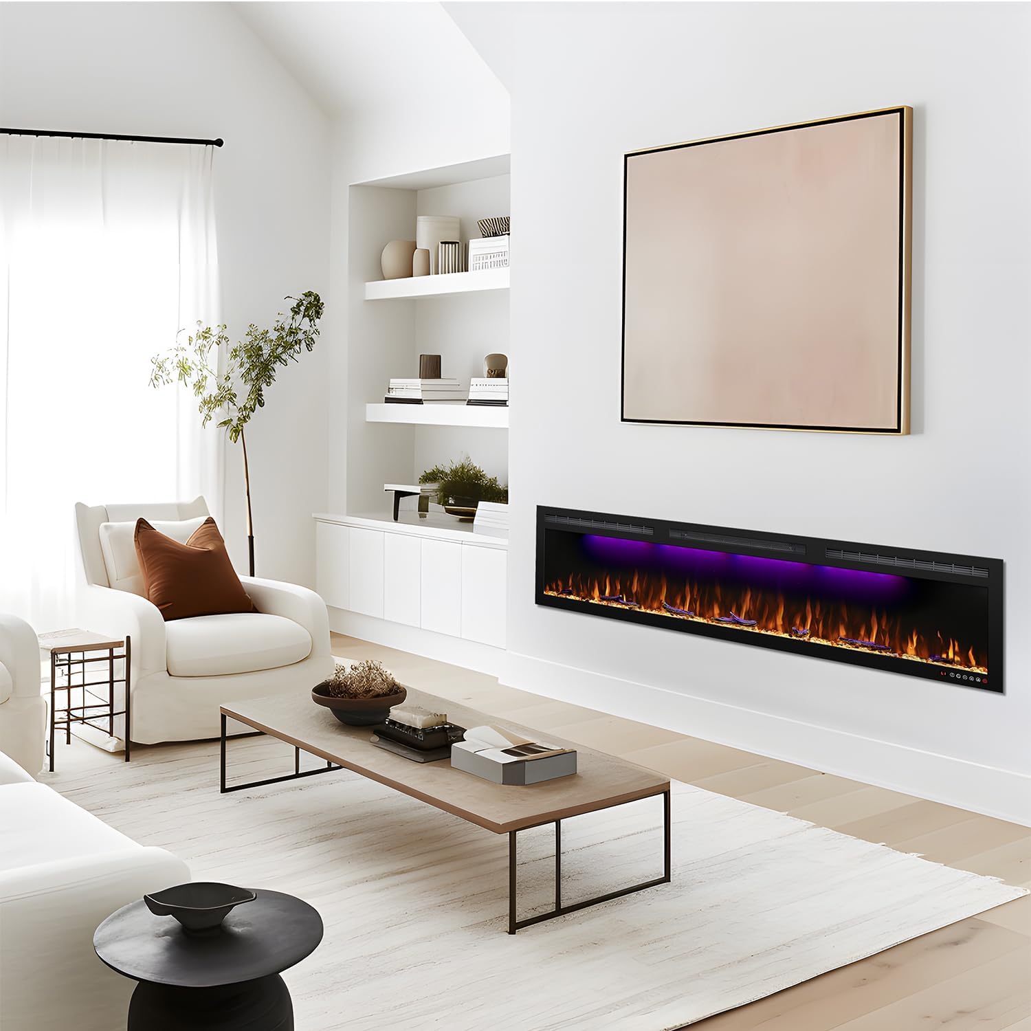 72 inch Electric Fireplace - Ultra Slim Frame - in Wall Recessed & Wall Mounted - Multicolor Flame - Log & Crystal Hearth - 1500/750 Watt Heater - Remote Control & Touch Screen- Timer