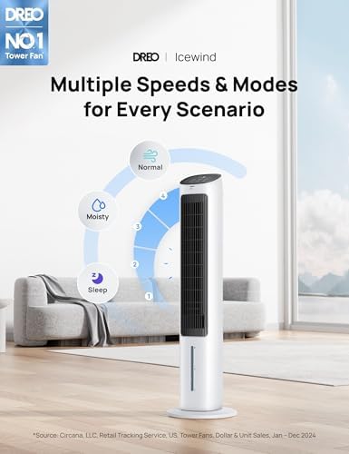Dreo Evaporative Air Swamp Cooler, 40” Standing Fans that Blow Cold Air, 80° Oscillating Bladeless Cooling Fan for Bedroom, Removable Water Tank, Ice Packs, Remote Control, 4 Speeds, White and Black