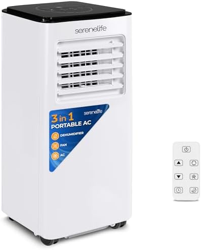 SereneLife 8000 BTU Portable Air Conditioner, 3-in-1 Compact Standing Air Conditioner for Room Up to 350 Sq. Ft., Floor AC Unit with LCD Remote Control, Auto Mode, Low Noise with Wrapped Compressor