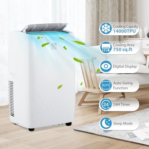 14,000 BTU Small Air Conditioner, Portable Air Conditioners for Rooms Up to 750 Sq Ft, 3-In-1 AC Unit with Sleep Mode, Swing Fan, 24H Timer, Remote Control, Window Kit, White