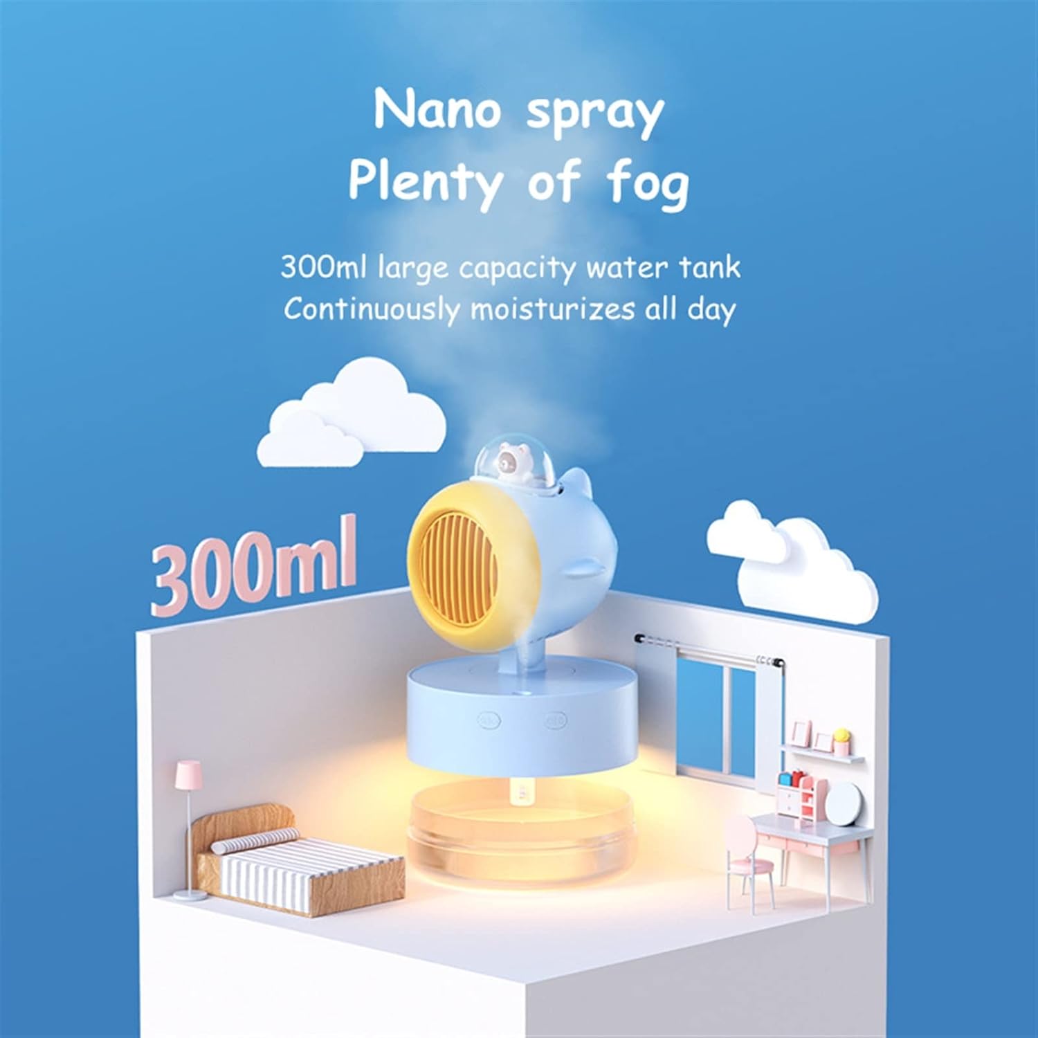Humidifier Mini Portable Water Cooled Spray Fan USB Rechargeable 3600 mAh Battery Wireless Air Conditioner Electric Cold Mist Humidifier Fan Ultrasonic Humidifier(Blue)