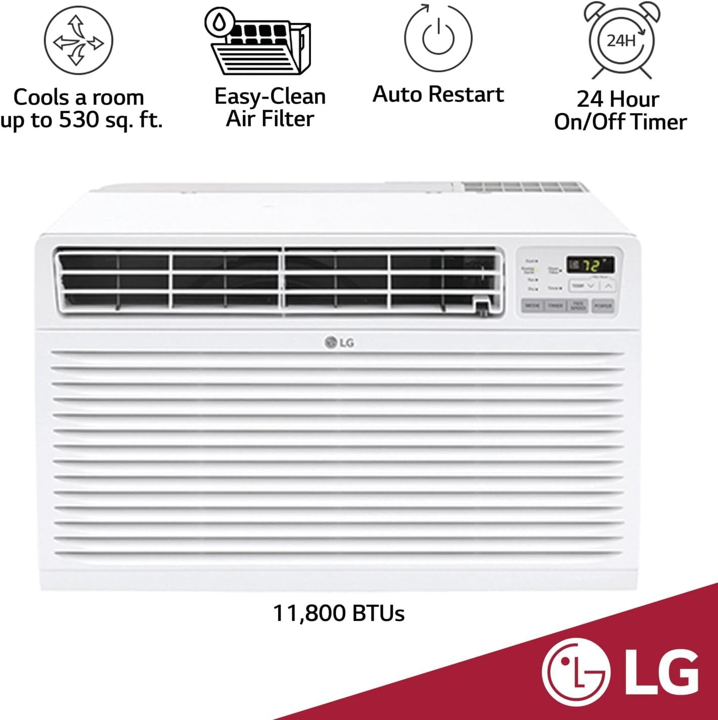 LG 11,800 BTU Through the Wall Air Conditioner, 115V, Cools up to 530 Sq. Ft. for Bedroom, Living Room, Apartment, with Remote, 3 Cool & Fan Speeds, Universal design fits most sleeves, White