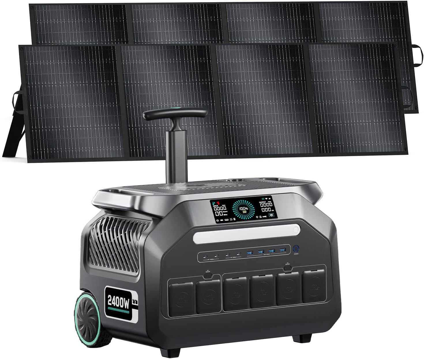 IEE P2400 Solar Generator with 2×200W Solar Panel, 2048Wh LiFePO4 (LFP) Battery Power Station 2400W AC Outlets (5000W Peak), 1800W AC Charging for Home Backup, Camping, RV, Emergencies