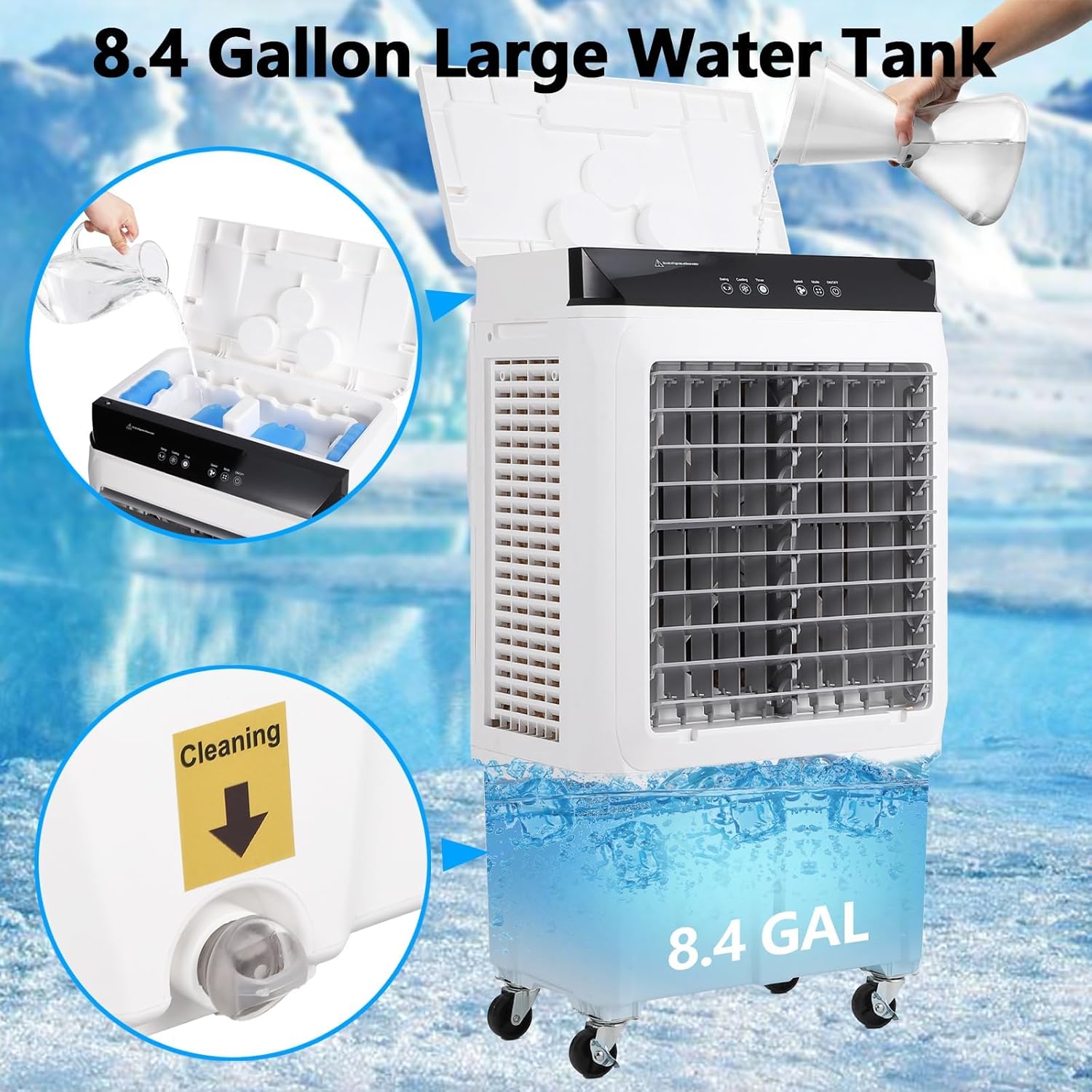 Evaporative Air Cooler, 3500CFM Portable Swamp Cooler with Remote Control & 12H Timer, 3 Cooling Modes & 3 Speeds, Includes 4 Ice Packs, 8.4 Gallon Water Tank, 4 Lockable Casters