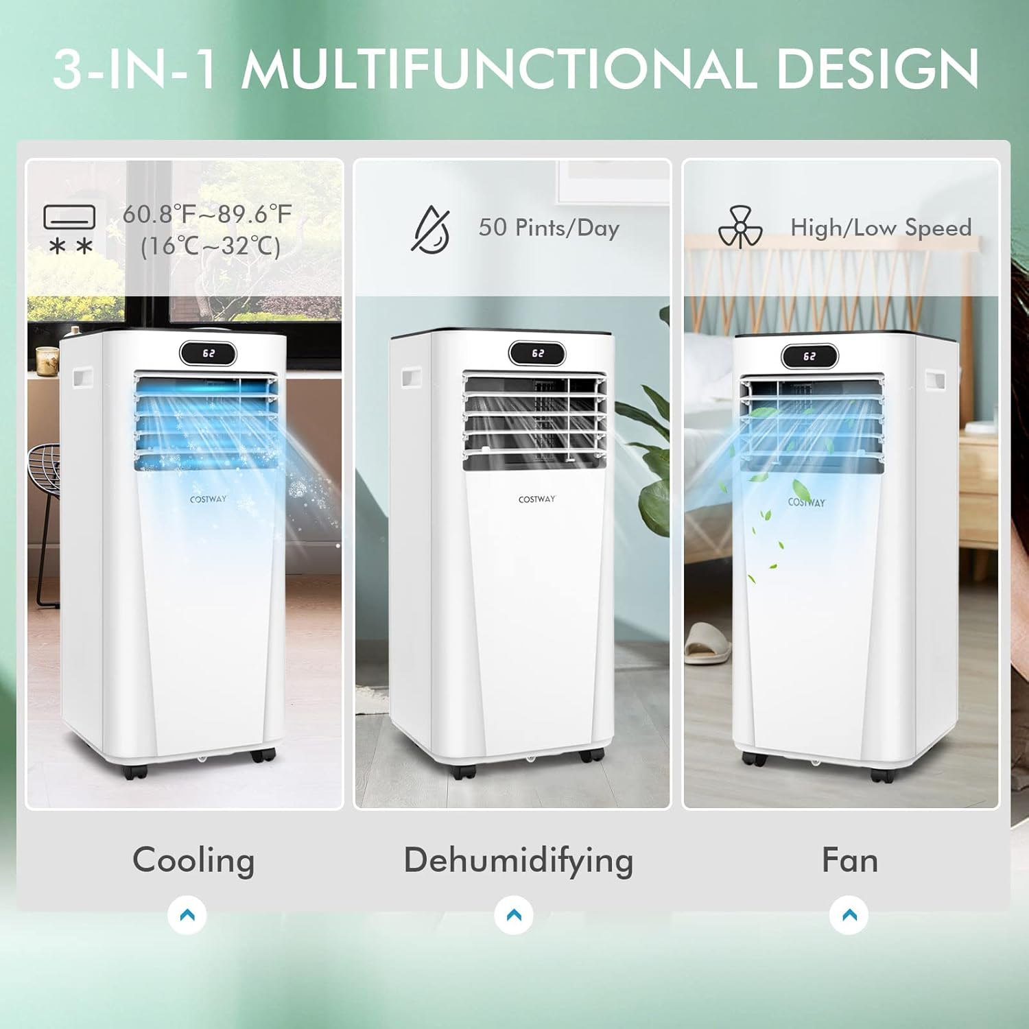 COSTWAY 10000BTU Portable Air Conditioner, with Drying, Fan, Sleep Mode, 2 Speeds, 24H Timer, Cools Room up to 350 Sq. ft, for Room & Office, Window Kit Included (Dark and White)