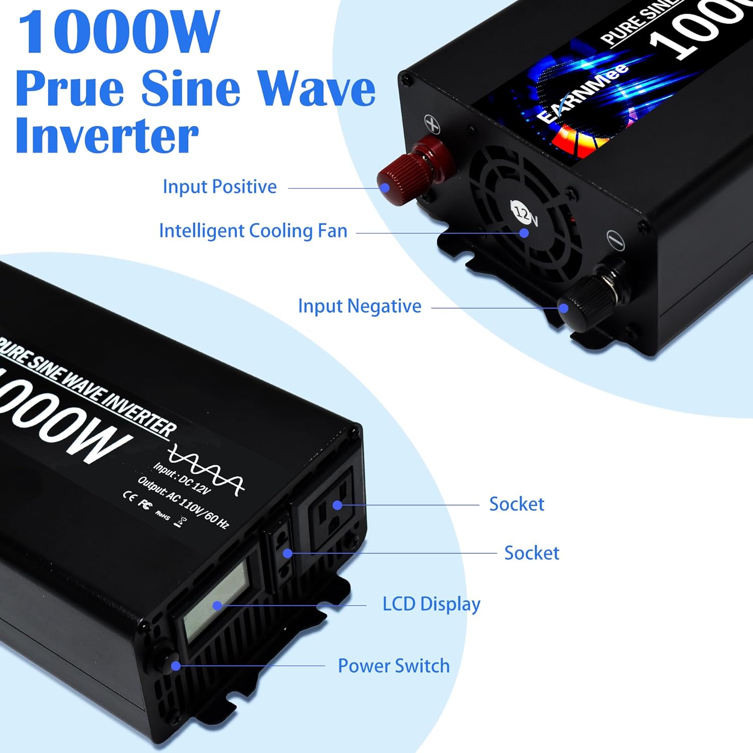 1000W Inverter,Car Inverter, Pure Sine Wave Output,DC 12V to AC 110V 120V for Truck,Solar,Outdoor,RV,Power Converter with LCD Display