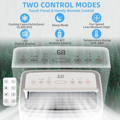 14000 BTU Portable Air Conditioner, 3-In-1 Cool, Fan, Dehumidify Modes, Cools up to 750 Sq. Ft, Quiet AC Unit with LED Display, with Remote Control, Window Installation Kit, 24 H Timer for Room, Dorm