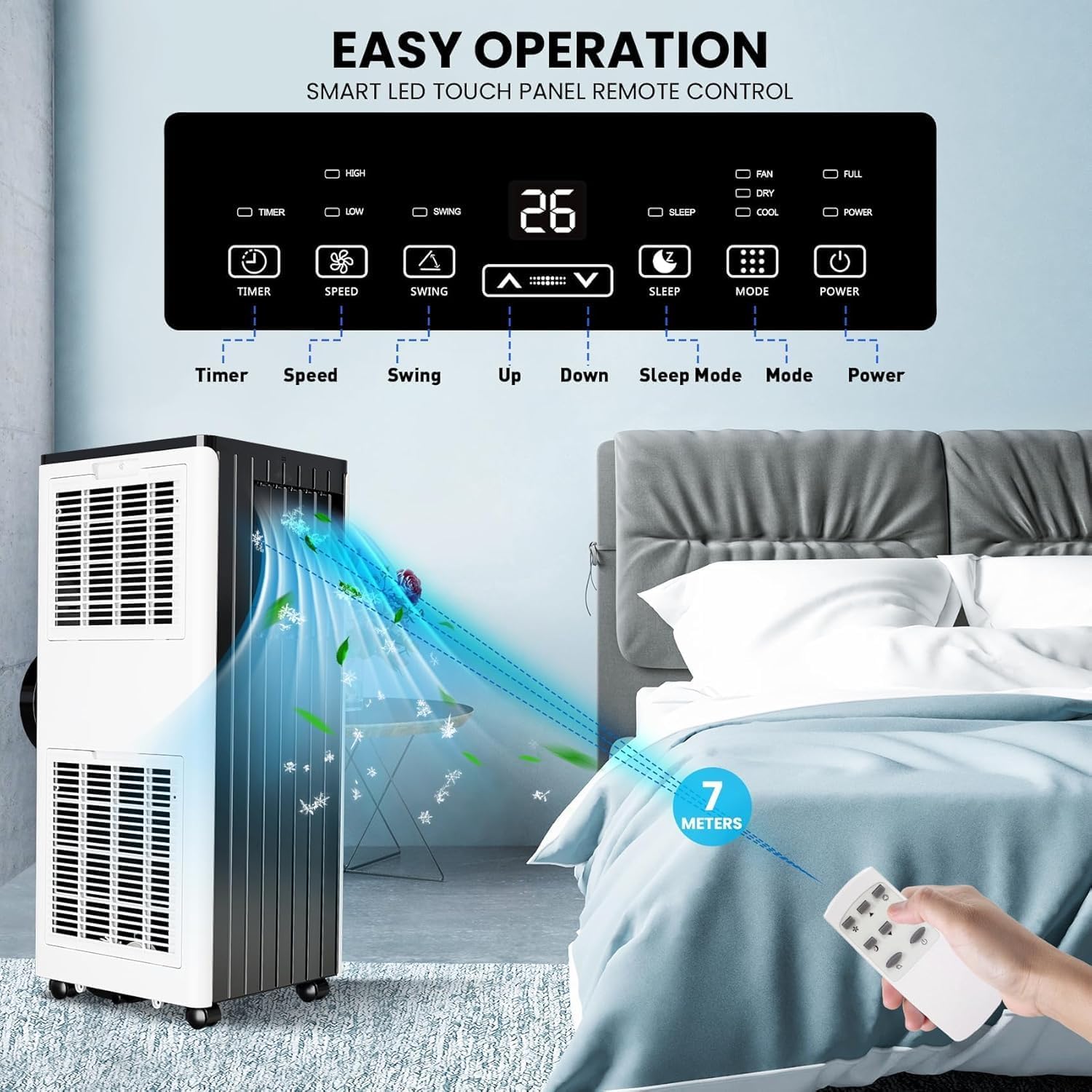 8000 BTU Portable Air Conditioner, 3-In-1 AC Unit with Fan & Dehumidifier, Quiet Cooling for Rooms Up to 350 Sq.Ft, Remote Control & 24H Timer, Standing AC Unit for Bedroom, Office