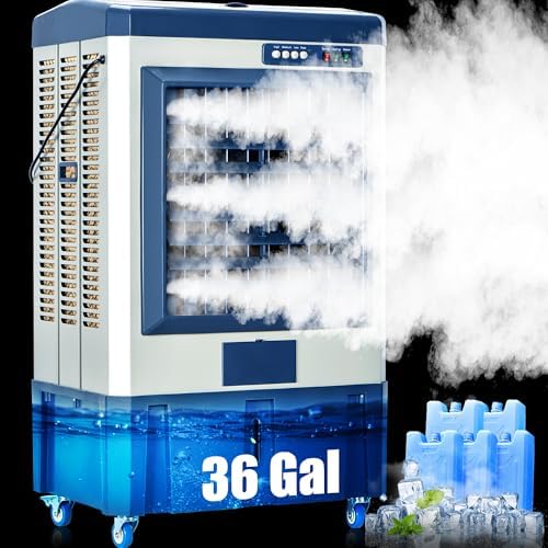 AKIRES 8979CFM Portable Swamp Cooler Air Conditioner,57IN Air Cooler for 1730Sq.ft of Space,with Continuous Auto Fill,36-Gal Water Tank,120°Oscillation,5 Ice Packs,Cooling Fan for Outdoor,Garage