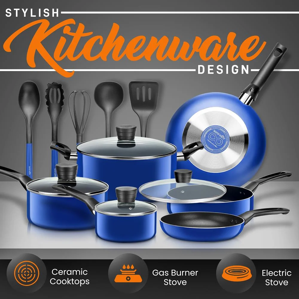 SereneLife 15 Piece Pots and Pans Non Stick Kitchenware Cookware Set ...